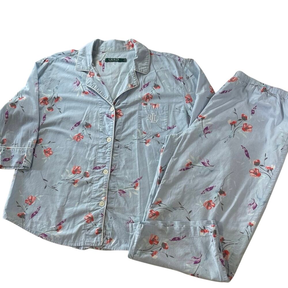 Lauren Ralph Lauren LG Women's Pajama Set 2 Piece Floral Cotton Blue 3/4 Length